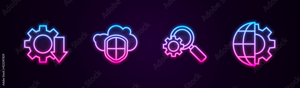 Set line Cost reduction, Cloud and shield, Magnifying glass gear and Globe of the Earth. Glowing neon icon. Vector Set line Cost reduction, Cloud and shield, Magnifying glass gear and Globe of the Earth. Glowing neon icon. Vector
