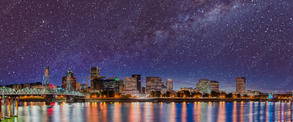 Starry night over Portland, Oregon. City skyline with stars