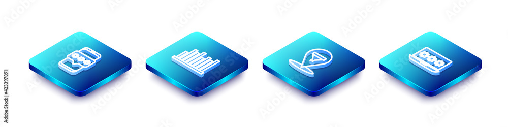 Set Isometric line Mobile and password, Pie chart infographic, Location with sales funnel and Laptop icon. Vector Set Isometric line Mobile and password, Pie chart infographic, Location with sales funnel and Laptop icon. Vector