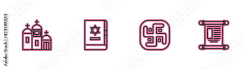 Set line Church building, Jainism, Jewish torah book and Decree, paper, parchment, scroll icon. Vector