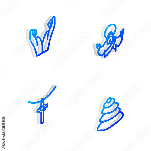Set Isometric line Jesus Christ, Hands in praying position, Christian cross chain and Stack hot stones icon. Vector