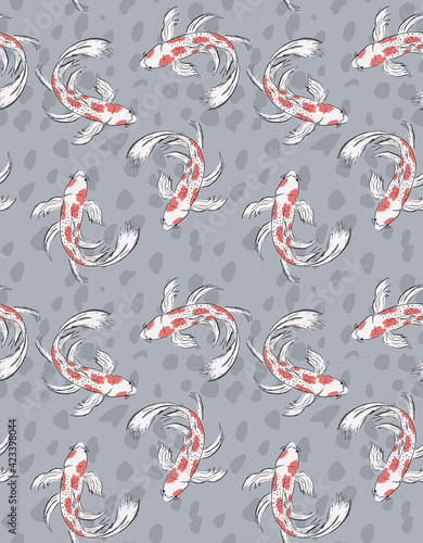 Koi Fish Seamless Vector Pattern. White Hand Drawn Fishes with Red Spots Isolated on a Gray Spotted Background. Japanese Style Graphic ideal for Fabric, Textile, Wrapping Paper.