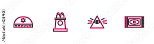 Set line Jewish kippah with star of david, Masons, Stage stand or tribune and Traditional carpet icon. Vector
