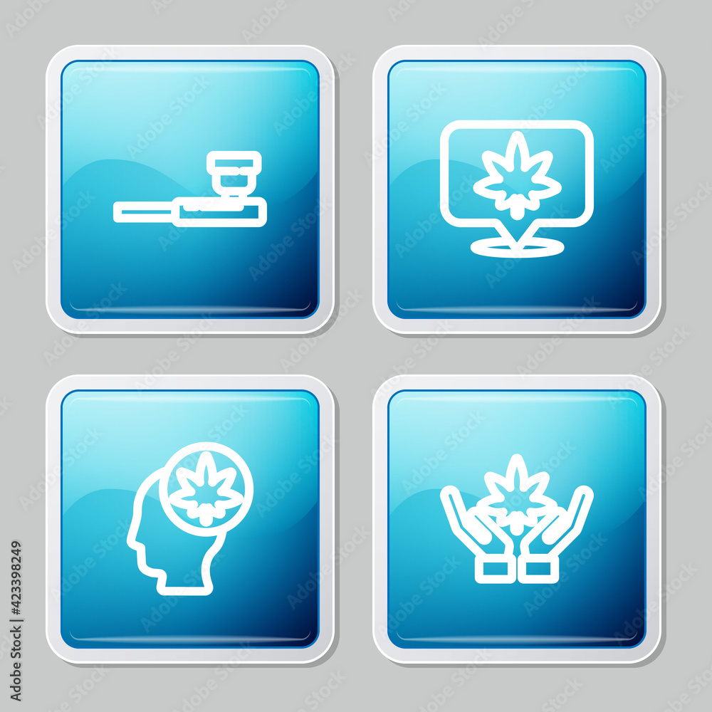 Set line Smoking pipe, Location and cannabis, Head with marijuana or and Marijuana leaf icon. Vector Set line Smoking pipe, Location and cannabis, Head with marijuana or and Marijuana leaf icon. Vector