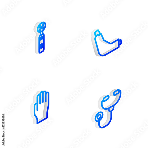 Set Isometric line Inhaler, Electric toothbrush, Medical rubber gloves and Stethoscope icon. Vector