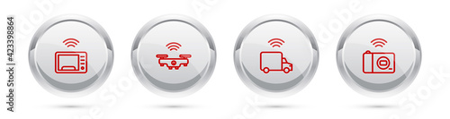 Set line Smart microwave oven, drone, truck and photo camera. Silver circle button. Vector