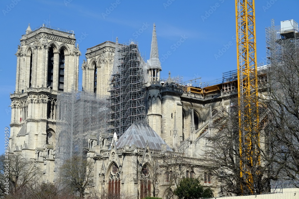 Fototapeta premium The yellow crane located in Paris center in order to rebuild the roof of Notre Dame. Paris, the 23 march 2021.