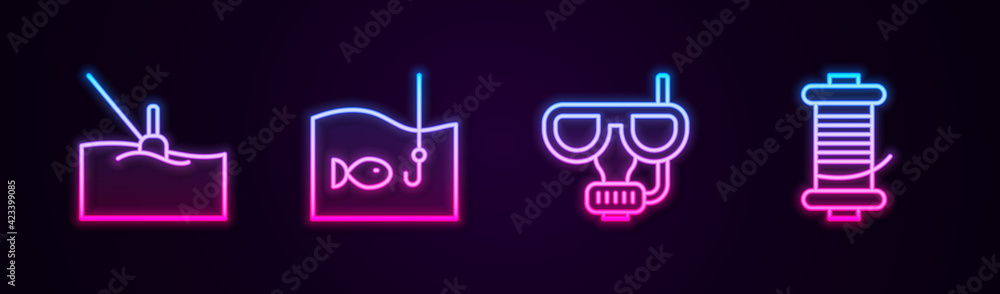 Set line Fishing float in water, hook with fish, Diving mask and snorkel and Spinning reel for fishing. Glowing neon icon. Vector Set line Fishing float in water, hook with fish, Diving mask and snorkel and Spinning reel for fishing. Glowing neon icon. Vector