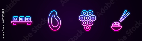 Set line Sushi on cutting board, Mussel, Caviar and . Glowing neon icon. Vector
