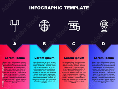 Set line Judge gavel, Shield with world globe, Shopping building shield and Location. Business infographic template. Vector