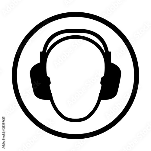 Wear ear protection sign. Vector illustration of circular black and white sign with human head wearing headphones icon inside. Hearing protection symbol isolated on white background. Caution noise.