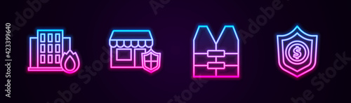 Set line Fire in burning house, Shopping building with shield, Life jacket and Shield dollar. Glowing neon icon. Vector