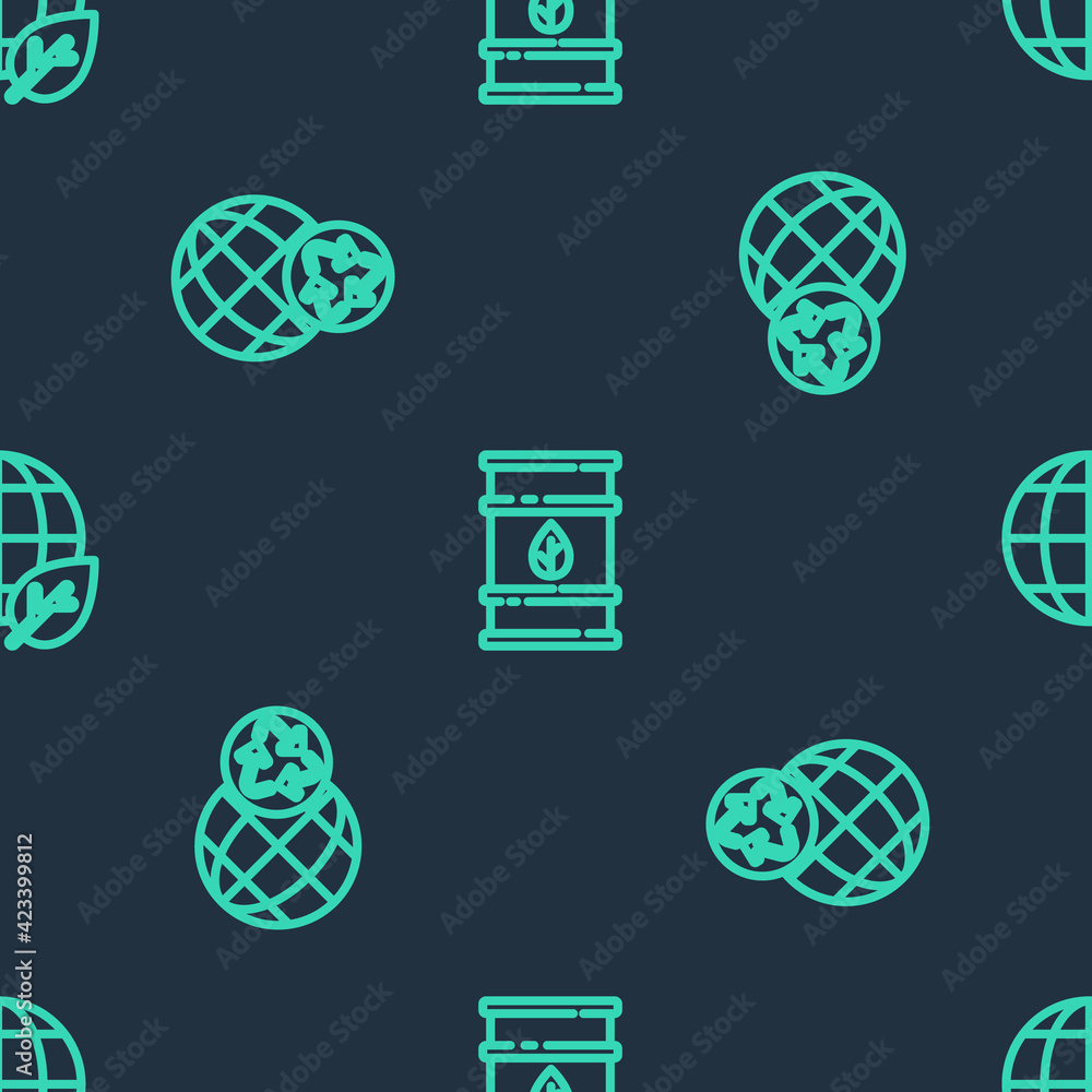 Set line Bio fuel barrel, Planet earth and recycling and Earth globe leaf on seamless pattern. Vector Set line Bio fuel barrel, Planet earth and recycling and Earth globe leaf on seamless pattern. Vector