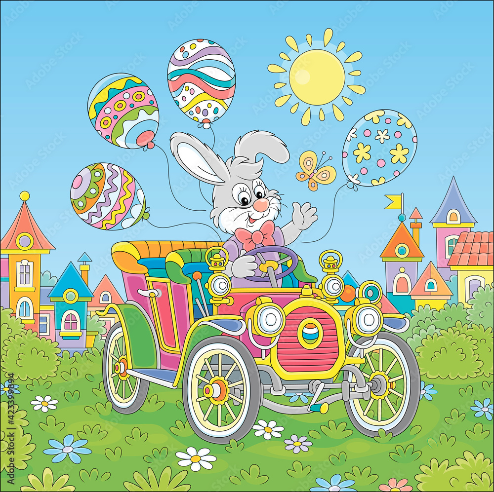 Little Easter Bunny friendly smiling, waving in greeting and driving a colorful toy retro car decorated with bright holiday balloons on a sunny spring day, vector cartoon illustration