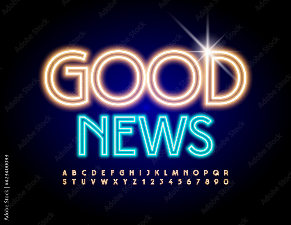 Vector bright Sign Good News. Illuminated Uppercase Font. Neon glowing Alphabet Letters and Numbers set.