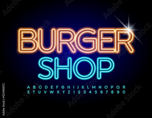 Vector glowing logo Burger Shop. Creative electric Font. Blue Neon Alphabet Letters and Numbers set