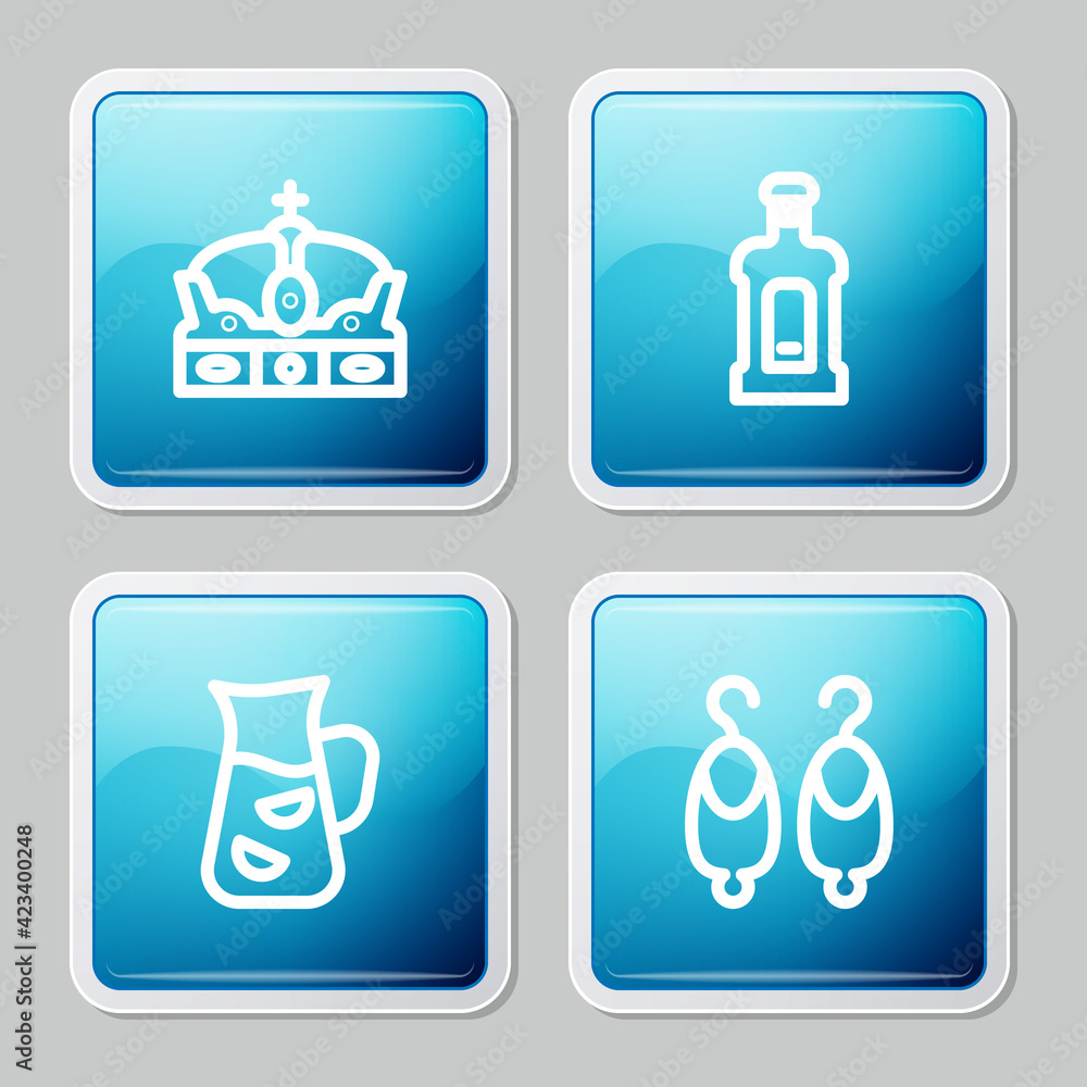Set line Crown of spain, Orujo, Sangria and Earrings icon. Vector Set line Crown of spain, Orujo, Sangria and Earrings icon. Vector