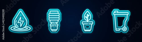 Set line Water energy, LED light bulb, Plant in pot and Trash can. Glowing neon icon. Vector