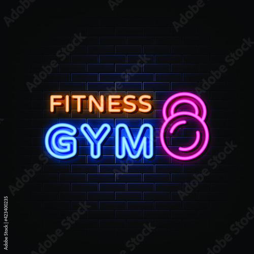 Fitness gym neon logo sign  bright signboard  light banner.
