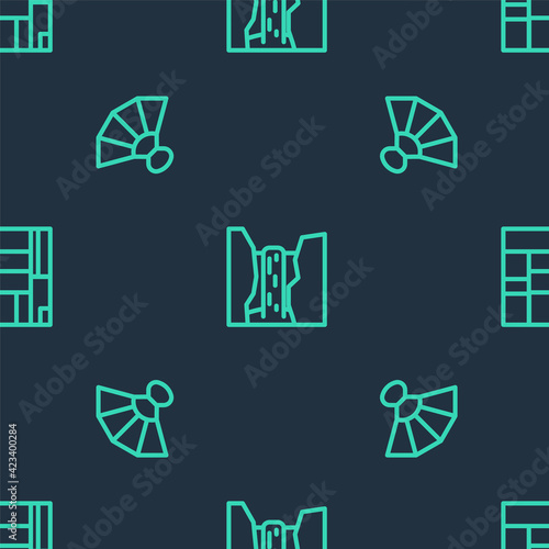 Set line Algar waterfall, Fan flamenco and House Edificio Mirador on seamless pattern. Vector