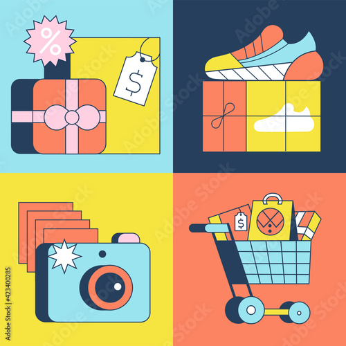 E-commerce set of elements. Online shopping, sales. Shopping bags, basket, sneakers, camera. Modern flat style vector illustration for banners, websites, apps