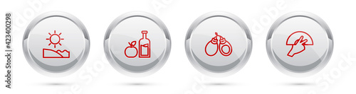 Set line Beach, Apple cider bottle, Castanets and Fan flamenco. Silver circle button. Vector