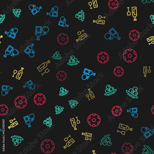 Set line Apple cider bottle, Olives on plate, Wine with glass and Football ball on seamless pattern. Vector