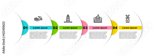 Set line Churros and chocolate, Agbar tower, Prado museum and Windmill. Business infographic template. Vector