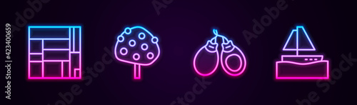 Set line House Edificio Mirador, Orange tree, Castanets and Yacht sailboat. Glowing neon icon. Vector