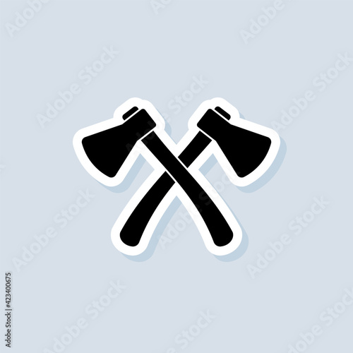 Lumberjack Axes Crossed sticker. Woodwork and mechanic labels, badges, emblems. Crossed axes logo. Axe silhouette. Two crossed axe camping equipment. Vector on isolated white background. EPS 10