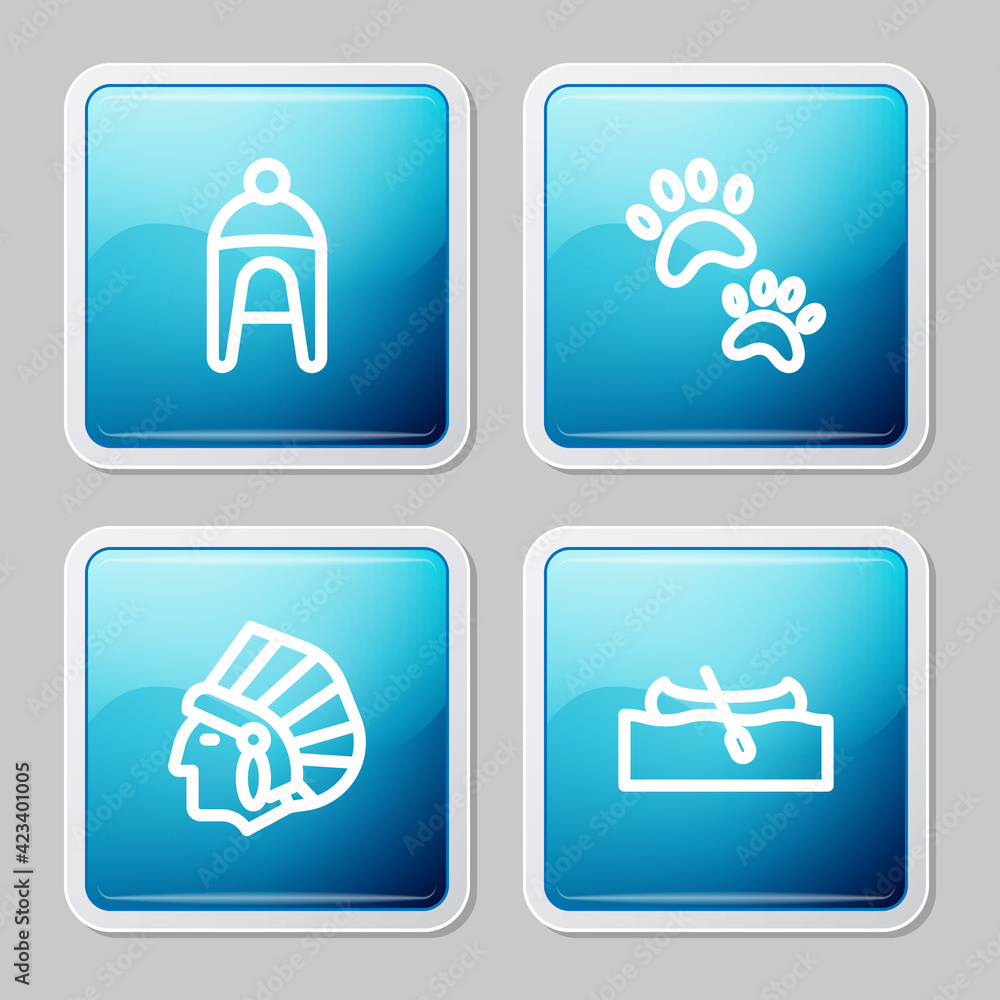Set line Winter hat, Paw print, Native American Indian and Kayak or canoe icon. Vector Set line Winter hat, Paw print, Native American Indian and Kayak or canoe icon. Vector