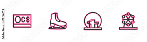 Set line Canadian dollar, Montreal Biosphere, Skates and Ferris wheel icon. Vector
