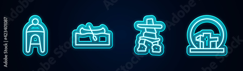 Set line Winter hat, Kayak or canoe, Inukshuk and Montreal Biosphere. Glowing neon icon. Vector