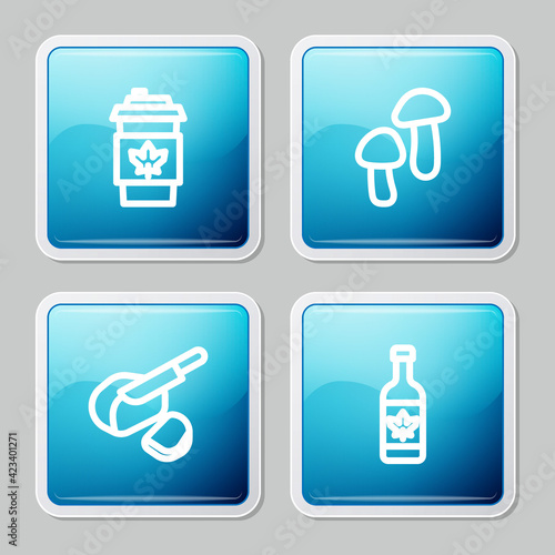 Set line Coffee cup to go  Mushroom  Peameal bacon and Beer bottle icon. Vector