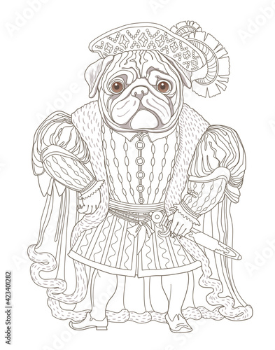 Fairy tale character of a pug dog dressed in a vintage Renaissance costume, a hat with feather, fur coat. Linear brown contour doodle sketch. Tee-shirt print, adults and children coloring book page 