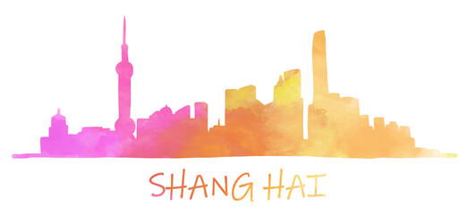 Fotobehang Aquarelschilderij wolkenkrabber  Shanghai skyline in kleurrijke aquarel  © tanarch