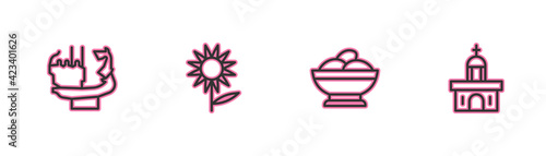 Set line Monument to founders of Kiev, Varenyky in a bowl, Sunflower and Church building icon. Vector