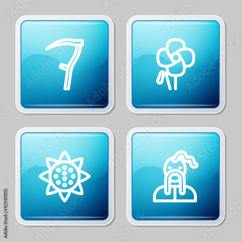 Set line Scythe, Poppy flower, Sunflower and Ukrainian cossack icon. Vector