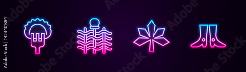 Set line Dumplings on fork, Wicker fence, Chestnut leaf and Ukrainian footwear. Glowing neon icon. Vector