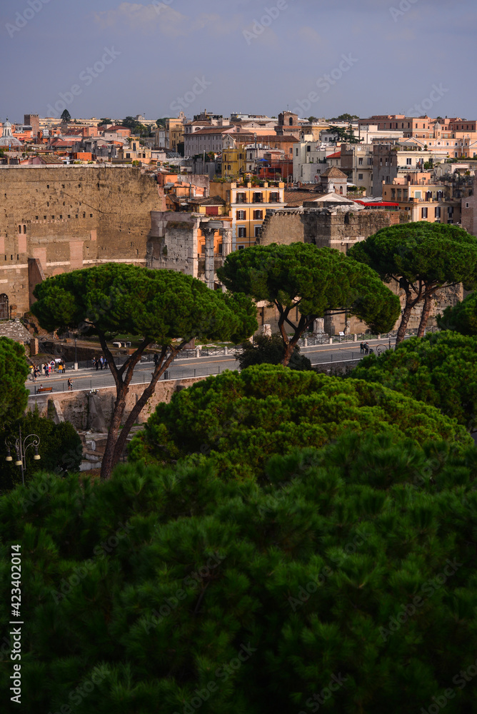 View from the Campidoglio to the Imperial fora (Fori Imperiali) and the Monti neighborhood, Rome, Italy