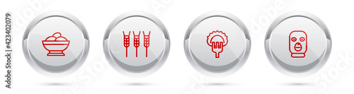 Set line Varenyky in a bowl, Wheat, Dumplings on fork and Thief mask. Silver circle button. Vector