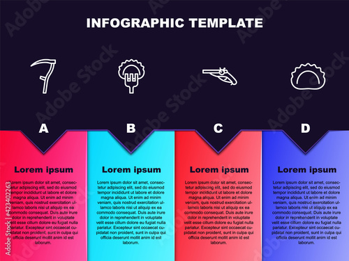 Set line Scythe, Dumplings on fork, Vintage pistols and . Business infographic template. Vector