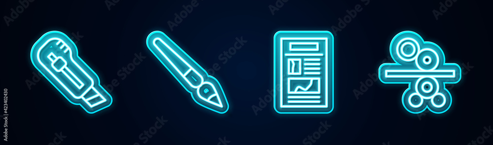 Set line Stationery knife, Paint brush, News and Paper roll of printing press. Glowing neon icon. Vector Set line Stationery knife, Paint brush, News and Paper roll of printing press. Glowing neon icon. Vector