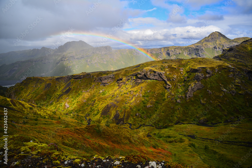 The ever-changing Icelandic weather brings yet another rainbow over the Godaland area of Thórsmörk National Park, Iceland