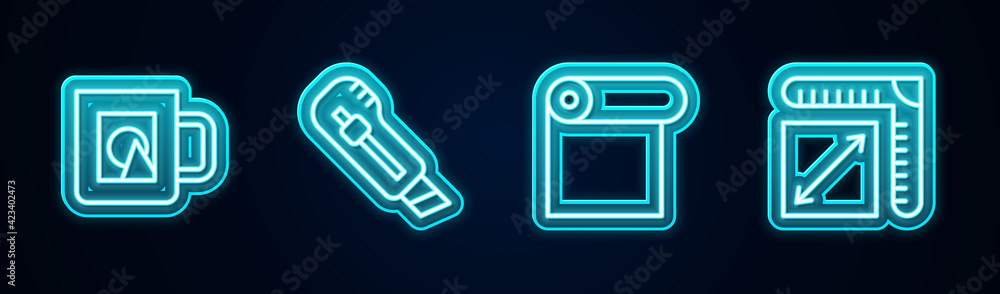 Set line Coffee cup, Stationery knife, Roll paper and Paper size. Glowing neon icon. Vector Set line Coffee cup, Stationery knife, Roll paper and Paper size. Glowing neon icon. Vector
