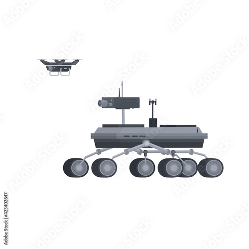 Mars rover. Research rover with a drone, vector illustration
