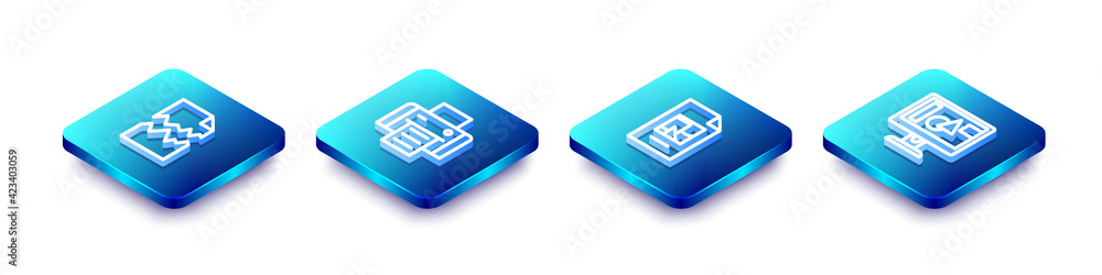 Set Isometric line Torn document, Printer, File and Computer monitor screen icon. Vector Set Isometric line Torn document, Printer, File and Computer monitor screen icon. Vector