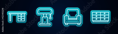 Set line Office desk, Table lamp, Armchair and Chest of drawers. Glowing neon icon. Vector