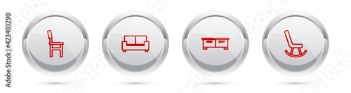 Set line Chair, Sofa, Chest drawers and Armchair. Silver circle button. Vector
