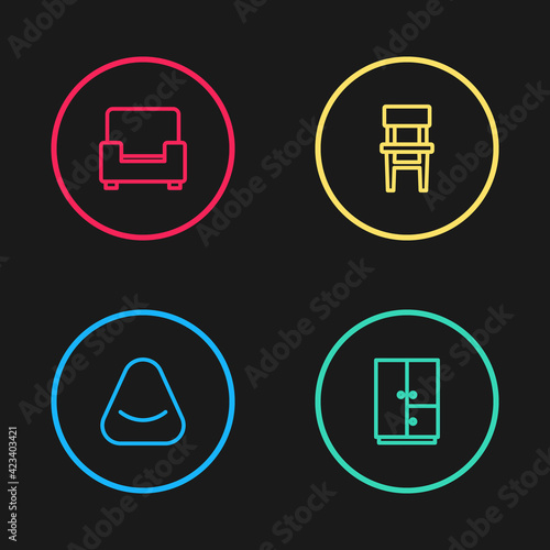 Set line Pouf, Wardrobe, Chair and Armchair icon. Vector